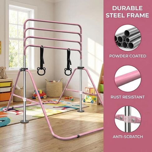 Pink Multi-Functional Adjustable Height Children's Horizontal Gymnastic Bar with Bear Rings - Sturdy Steel Construction, Foldable Design, Enhances Flexibility & Strength in Saudi Arabia
