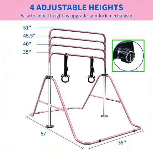 Pink Multi-Functional Adjustable Height Children's Horizontal Gymnastic Bar with Bear Rings - Sturdy Steel Construction, Foldable Design, Enhances Flexibility & Strength in Saudi Arabia