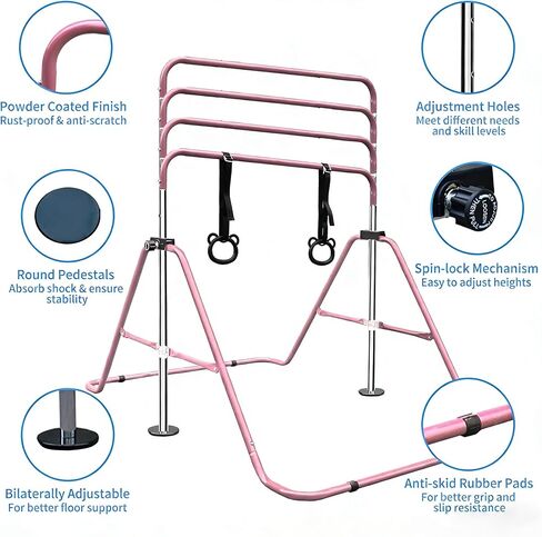 Pink Multi-Functional Adjustable Height Children's Horizontal Gymnastic Bar with Bear Rings - Sturdy Steel Construction, Foldable Design, Enhances Flexibility & Strength in Saudi Arabia