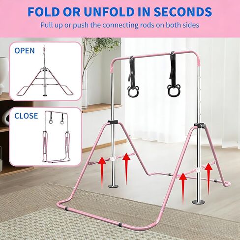 Pink Multi-Functional Adjustable Height Children's Horizontal Gymnastic Bar with Bear Rings - Sturdy Steel Construction, Foldable Design, Enhances Flexibility & Strength in Saudi Arabia