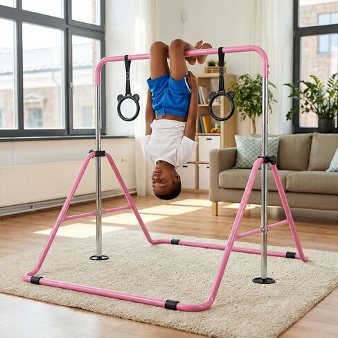Pink Multi-Functional Adjustable Height Children's Horizontal Gymnastic Bar with Bear Rings - Sturdy Steel Construction, Foldable Design, Enhances Flexibility & Strength in Saudi Arabia