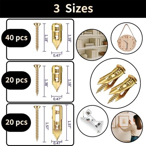 80 Pcs Self-Drilling Drywall Anchors with Screws – Heavy Duty Wall Anchors for Hanging, No Drill Needed, No Holes in Wall – Includes 3 Sizes for Easy Installation (80Pcs, 3sizes) in Saudi Arabia