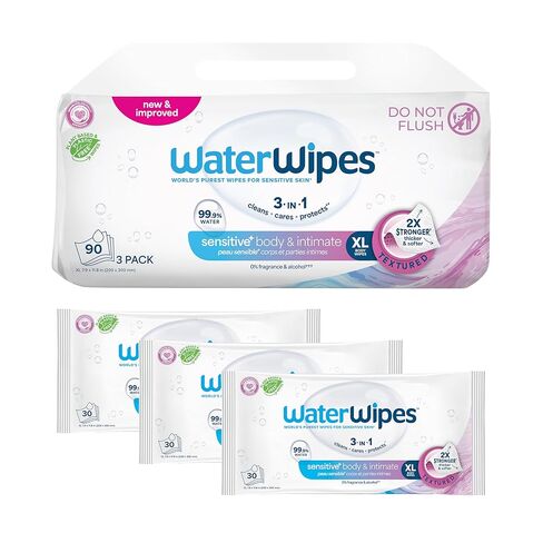 WaterWipes Adult Care Wipes, Extra-large 99.9% Water Based Wipes, Unscented & Hypoallergenic for Sensitive Skin, 180 Count (6 Packs) in Kuwait
