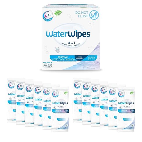 WaterWipes Adult Care Wipes, Extra-large 99.9% Water Based Wipes, Unscented & Hypoallergenic for Sensitive Skin, 180 Count (6 Packs) in Kuwait