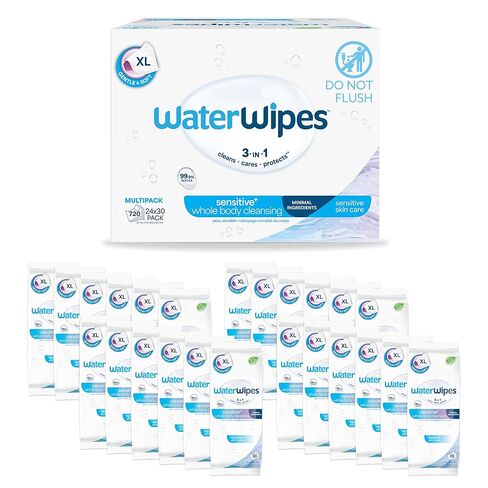 WaterWipes Adult Care Wipes, Extra-large 99.9% Water Based Wipes, Unscented & Hypoallergenic for Sensitive Skin, 180 Count (6 Packs) in Kuwait
