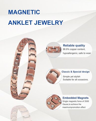 Copper Magnetic Anklet for Men, 99% Pure Copper Double Row Magnet Ankle Bracelet with 3500 Gauss and Adjustable Link Buckle in Kuwait