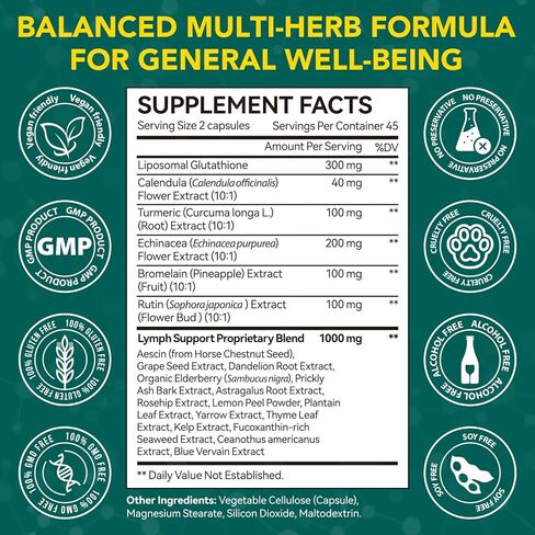 Lymphatic Drainage Supplements, Lymphatic Drainage Capsules - Wellness Formula Complex 21 in 1 Aescia, Turmeric, Bromelain, Echinacea & More - Lymph System Support (90 Cupsules) in Saudi Arabia