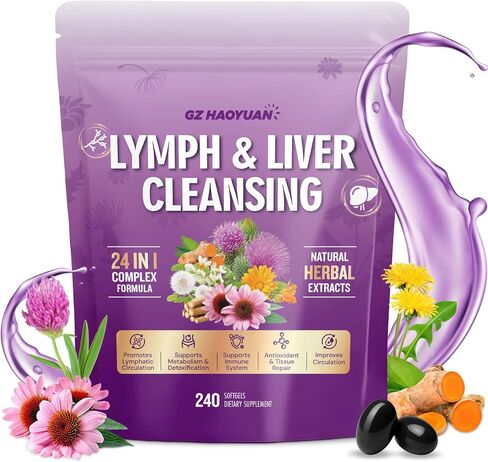 Lymphatic Drainage Supplement, Liver Cleanse Detox & Repair, 24-in-1 Herbal Blend with Echinacea, Dandelion, Burdock, Bromelain, Calendula, Turmeric - Lymph System Support, Less Bloating, 240 Softgels in Kuwait