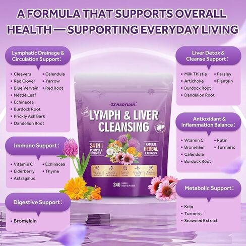Lymphatic Drainage Supplement, Liver Cleanse Detox & Repair, 24-in-1 Herbal Blend with Echinacea, Dandelion, Burdock, Bromelain, Calendula, Turmeric - Lymph System Support, Less Bloating, 240 Softgels in Kuwait