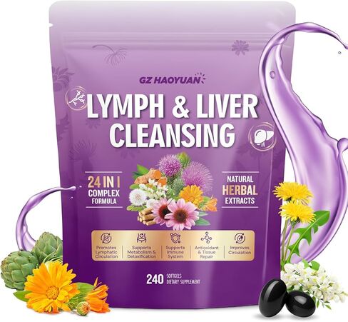 Lymphatic Drainage Supplement, Liver Cleanse Detox & Repair, 24-in-1 Herbal Blend with Echinacea, Dandelion, Burdock, Bromelain, Calendula, Turmeric - Lymph System Support, Less Bloating, 240 Softgels in Kuwait