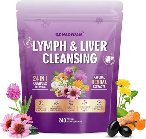 Lymphatic Drainage Supplement, Liver Cleanse Detox & Repair, 24-in-1 Herbal Blend with Echinacea, Dandelion, Burdock, Bromelain, Calendula, Turmeric - Lymph System Support, Less Bloating, 240 Softgels in Kuwait
