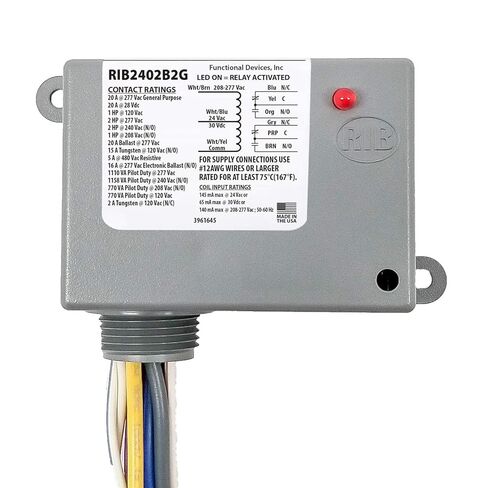 Functional Devices RIB2402B2G Power Relay, 20 Amp DPDT, 24 Vac/dc/208-277 Vac Coil, NEMA 1 Housing in Kuwait