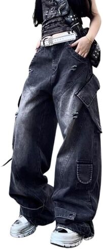 Baggy Cargo Pants for Womens Mens Y2K Loose Low Rise Wide Leg Jeans Harajuku Streetwear Clothes in Kuwait