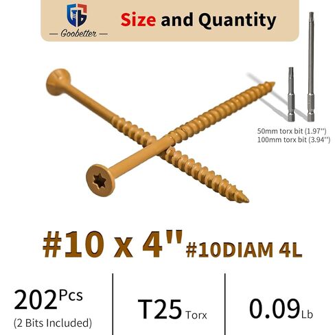 Wood Screws 4 Inch, 200 Pcs Construction Fence Screws, 10 x 4 Deck Exterior Screws for Wood, Rust Resistant, 2 Pcs T25 Star Bits Included, Yellow in Kuwait