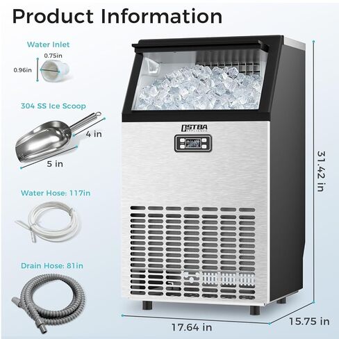 آلة صنع الثلج التجارية من OSTBA بقدرة 100 رطل/24 ساعة، ماكينة صنع الثلج تحت الطاولة مع صندوق تخزين سعة 33 رطل، صانع الثلج من الفولاذ المقاوم للصدأ ذاتي التنظيف، صانع الثلج التلقائي مع شاشة LCD لمكتب مطعم البار in Kuwait