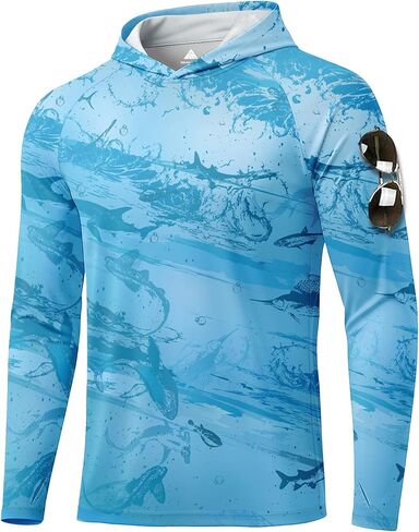 قمصان صيد مطبوعة للرجال بقلنسوة للشمس بعامل حماية من الأشعة فوق البنفسجية 50، قميص طويل الأكمام بعامل حماية من الأشعة فوق البنفسجية وغطاء للرأس من الطفح الجلدي in Kuwait