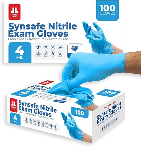 Synsafe 4 Mil - قفازات امتحان النتريل الأزرق - قابلة للدخول إلى Latex Free & Powder Free - قفازات مطاطية إضافية - مجموعة الإسعافات الأولية ، الطبية ، EMT ، التنظيف ، الطهي | حزمة من (100 CT) in Kuwait