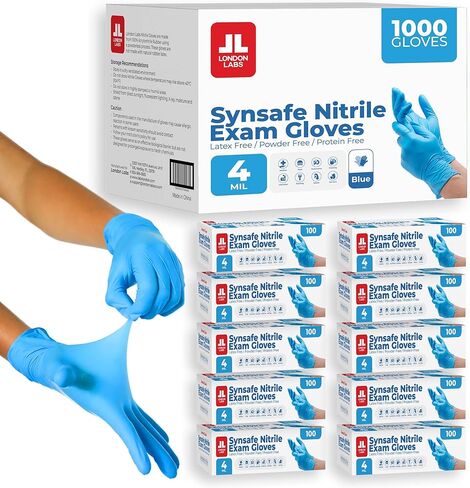 Synsafe 4 Mil - Blue Nitrile Exam Gloves –Disposable Latex Free & Powder Free – Extra Strong, Rubber Gloves – First Aid Kit, Medical, EMT, Cleaning, Cooking | Pack of (100 ct) in Kuwait