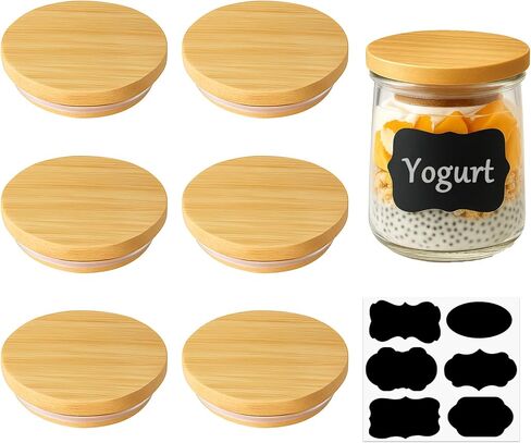 Natural Bamboo 6 Pack Oui Yogurt Jar Lids with Silicone Sealing Rings and Label for 5 oz Glass Jars, Reusable Canning Lids in Saudi Arabia
