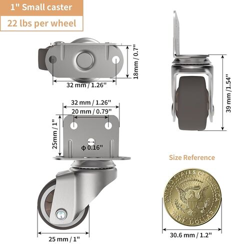 1" Small L-Shaped Plate Casters, Swivel Furniture Wheels, TPR Silent, Mounting for Wooden Coffee Table, Shelving Unit, Plant Stand, 4 Pcs in Saudi Arabia