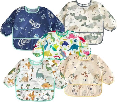 Pandaear 5 Pack Baby Long Sleeve Pibs | مريلة مقاومة للماء لكامل الأكمام للأطفال طفل الأطفال الصغير 6-36 أشهر in Kuwait