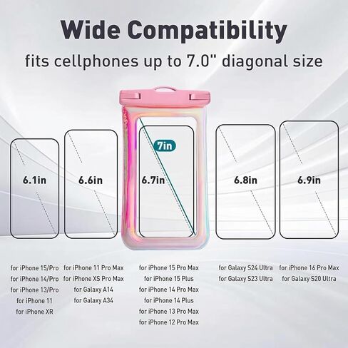 1 Pack Floatable Waterproof Phone Pouch Case for iPhone 16 Pro Max/15/14/13/12, IP68 Travel Cellphone Dry Bag, Beach Cruise Ship Essentials Bags with Crossbody Lanyard, Iridescent Pink in Kuwait