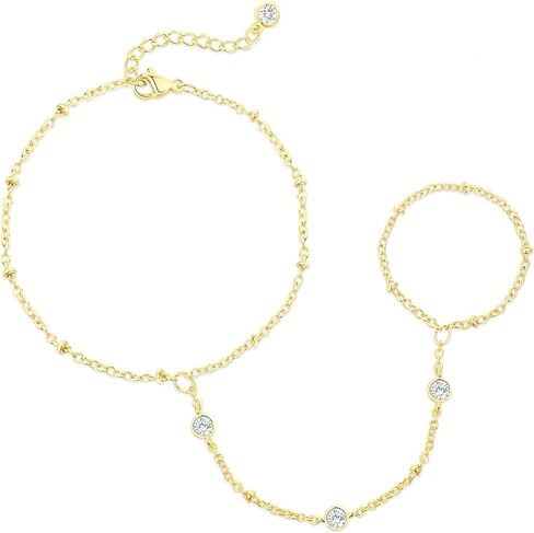 Hand Chain Gold Silver Bracelets for Women 14K Gold plated Hand Chain Bracelet Non Tarnish Satellite Bead Dot CZ Pearl Link Ring Bracelet Trendy Hand Jewelry Gifts for Women Adjustable in Kuwait