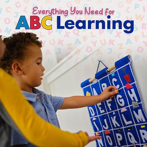 شعرت ABC برسم مخطط معلق على الحائط - التعليم المبكر للأبعاد الأبجدية ديكور لغرفة الأطفال | إشراك فنون التعلم التعليمي للأطفال الذين لديهم أشياء نسيج في الجيب (الأزرق) in Kuwait
