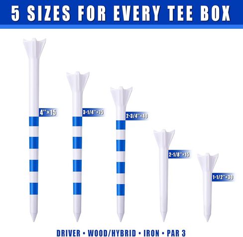 170 قطعة من تي شيرتات الجولف ذات الأداء الاحترافي - رأس ذو 4 شقوق يقلل من الدوران الجانبي | 5 مقاسات من قمصان الجولف البلاستيكية المختلطة (4 بوصات / 3¼ بوصة / 2¾ بوصة / 2⅛ بوصة / 1½ بوصة) لأقصى مسافة وتحكم in Kuwait