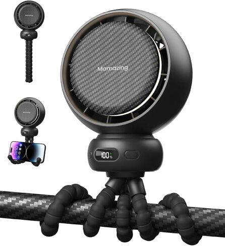 MAMAZING Mini Portable Stroller Fan, LED Display, 70° Auto-Oscillating Clip on Fan, 5 Speed Circulating Mode Included, Music & Night Light, 5000mAh USB-C Rechargeable Fan for Travel, Stroller, Car in Kuwait