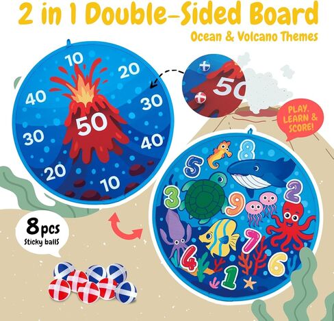 لعبة هدف على شكل بركان ومحيط على الوجهين - لوح رمي السهام كبير مقاس 26 بوصة مع كرات لاصقة وكرات رمي ​​قنديل البحر، لعبة ممتعة للحفلات في الأماكن المغلقة/المفتوحة للأطفال من سن 3 إلى 12 عامًا in Kuwait
