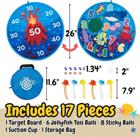 لعبة هدف على شكل بركان ومحيط على الوجهين - لوح رمي السهام كبير مقاس 26 بوصة مع كرات لاصقة وكرات رمي ​​قنديل البحر، لعبة ممتعة للحفلات في الأماكن المغلقة/المفتوحة للأطفال من سن 3 إلى 12 عامًا in Kuwait