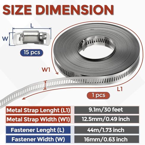 1Pcs Stainless Steel Band Hose Clamp, DIY 30 ft Metal Strap + 15 Heavy Duty Fasteners Adjustable Hose Clamps Assortment Kit, Metal Strapping for Radiator, Dryer, Fuel in Saudi Arabia
