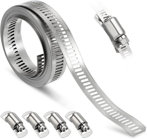 1Pcs Stainless Steel Band Hose Clamp, DIY 30 ft Metal Strap + 15 Heavy Duty Fasteners Adjustable Hose Clamps Assortment Kit, Metal Strapping for Radiator, Dryer, Fuel in Saudi Arabia