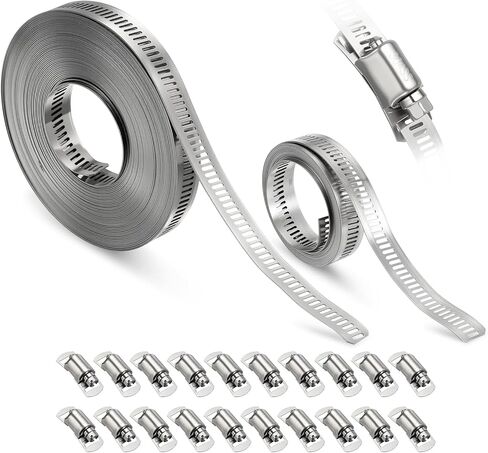 1Pcs Stainless Steel Band Hose Clamp, DIY 30 ft Metal Strap + 15 Heavy Duty Fasteners Adjustable Hose Clamps Assortment Kit, Metal Strapping for Radiator, Dryer, Fuel in Saudi Arabia
