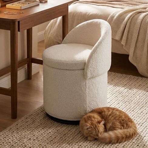 Modern Swivel Ottoman Vanity Chair, Linen Upholstered Barrel Club 360°Degree Swivel Side Stool with Storage, Comfy Makeup Stool for Bedroom Living Room, Milk Cow in Saudi Arabia