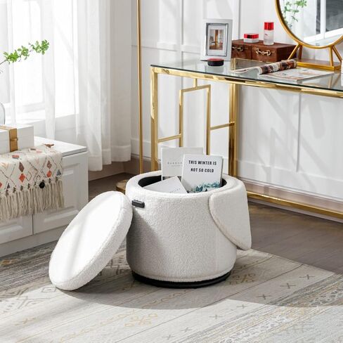 Modern Swivel Ottoman Vanity Chair, Linen Upholstered Barrel Club 360°Degree Swivel Side Stool with Storage, Comfy Makeup Stool for Bedroom Living Room, Milk Cow in Saudi Arabia