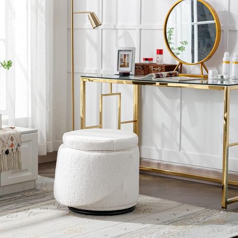 Modern Swivel Ottoman Vanity Chair, Linen Upholstered Barrel Club 360°Degree Swivel Side Stool with Storage, Comfy Makeup Stool for Bedroom Living Room, Milk Cow in Saudi Arabia
