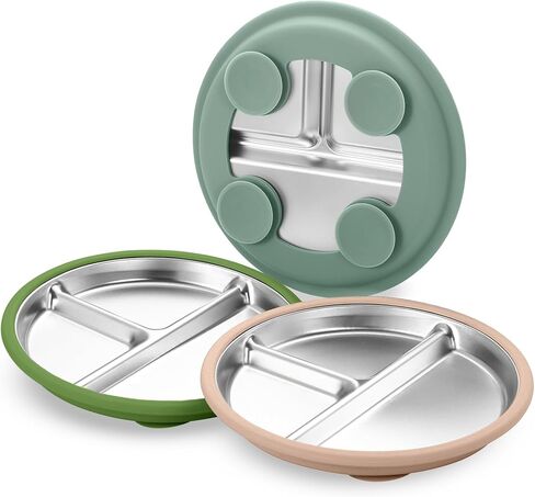 3Pack Stainless Steel Kids Plates, 8.1" Divided Kids Plate with Removable Silicone Suction Sleeves for Baby Highchairs, Non Toxic BPA Free Non-Slip Unbreakable Snack Lunch Plates in Saudi Arabia