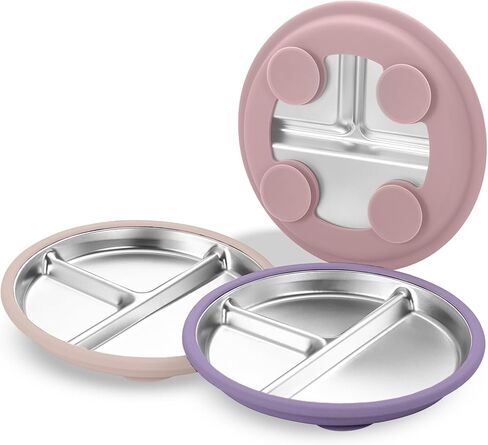 3Pack Stainless Steel Kids Plates, 8.1" Divided Kids Plate with Removable Silicone Suction Sleeves for Baby Highchairs, Non Toxic BPA Free Non-Slip Unbreakable Snack Lunch Plates in Kuwait