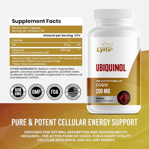 Ubiquinol CoQ10 200mg – High Absorption Active Coenzyme Q10 Supplement for Heart Health, Energy & Cellular Vitality | 60 Capsules, 60-Day Supply | Bioavailable Antioxidant Formula | Non-GMO in Kuwait