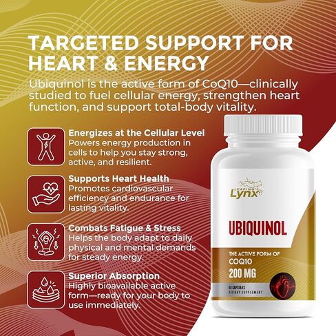 Ubiquinol CoQ10 200mg – High Absorption Active Coenzyme Q10 Supplement for Heart Health, Energy & Cellular Vitality | 60 Capsules, 60-Day Supply | Bioavailable Antioxidant Formula | Non-GMO in Kuwait
