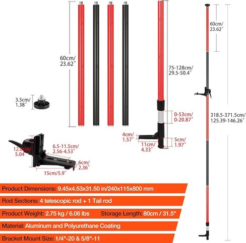 MOETER 12ft/3.7m Telescoping Level Level Pole ، قطب ليزر قابل للتعديل مع محولات التثبيت العالمية 1/4 "-20 و 5/8" -11 ، تقف مستوى الليزر للليزر الدوار والليزر (بدون ترايبود) in Kuwait