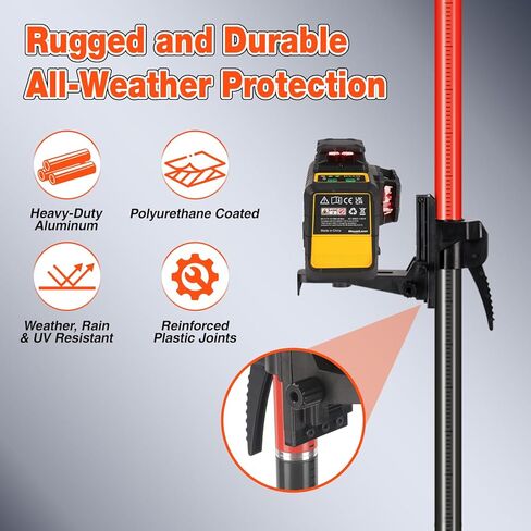 MOETER 12ft/3.7m Telescoping Level Level Pole ، قطب ليزر قابل للتعديل مع محولات التثبيت العالمية 1/4 "-20 و 5/8" -11 ، تقف مستوى الليزر للليزر الدوار والليزر (بدون ترايبود) in Kuwait