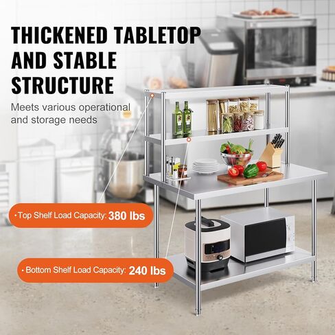 Happybuy Double Overshelf, Adjustable Stainless Steel 12 x 48 Inch 2-Tier Prep Work Table for Kitchen, Restaurant & Workshop in Saudi Arabia