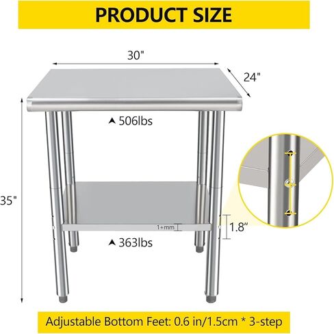 Stainless Steel Table for Prep & Work 24 x 30 Inches, Heavy Commercial Workstations Metal Kitchen Prep Table with Adjustable Undershelf for Restaurant, Home and Hotel in Saudi Arabia