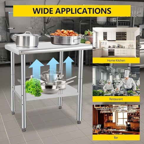 طاولة من الفولاذ المقاوم للصدأ للإعداد والعمل مقاس 60.96 × 76.2 سم، طاولة إعداد المطبخ المعدنية الثقيلة لمحطات العمل التجارية مع رف سفلي قابل للتعديل للمطعم والمنزل والفندق in Kuwait