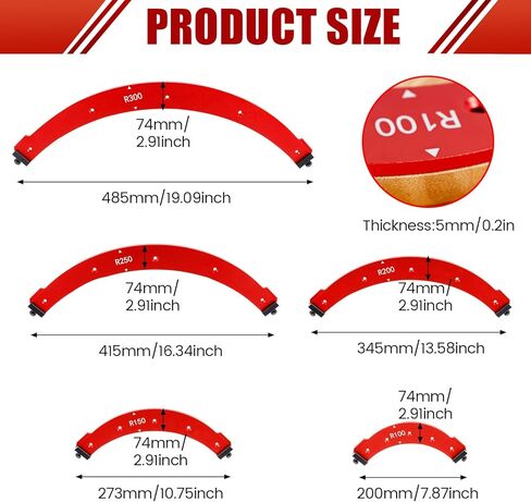 Round Corner Radius Template Aluminum Alloy Radius Jig Router Template Arc Angle Positioning Auxiliary Tool Portable Corner Positioning Jig R100/R150/R200/R250/R300(5Pcs Red R100~R300) in Kuwait