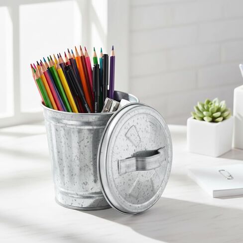 علبة قمامة صغيرة مجلفنة فضية مع غطاء، سلة مهملات صغيرة دلاء معدنية صغيرة مع أغطية صغيرة منضدية معدنية سلة قمامة معدنية وعاء زهرة القلم Holde المهملات، سلال مهملات، 3.74 بوصة in Kuwait