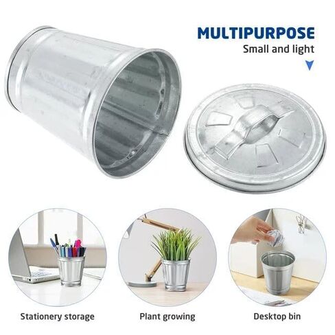 علبة قمامة صغيرة مجلفنة فضية مع غطاء، سلة مهملات صغيرة دلاء معدنية صغيرة مع أغطية صغيرة منضدية معدنية سلة قمامة معدنية وعاء زهرة القلم Holde المهملات، سلال مهملات، 3.74 بوصة in Kuwait